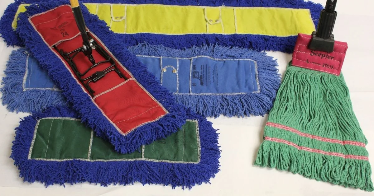 Various dry and wet mop heads and cleaning tools.